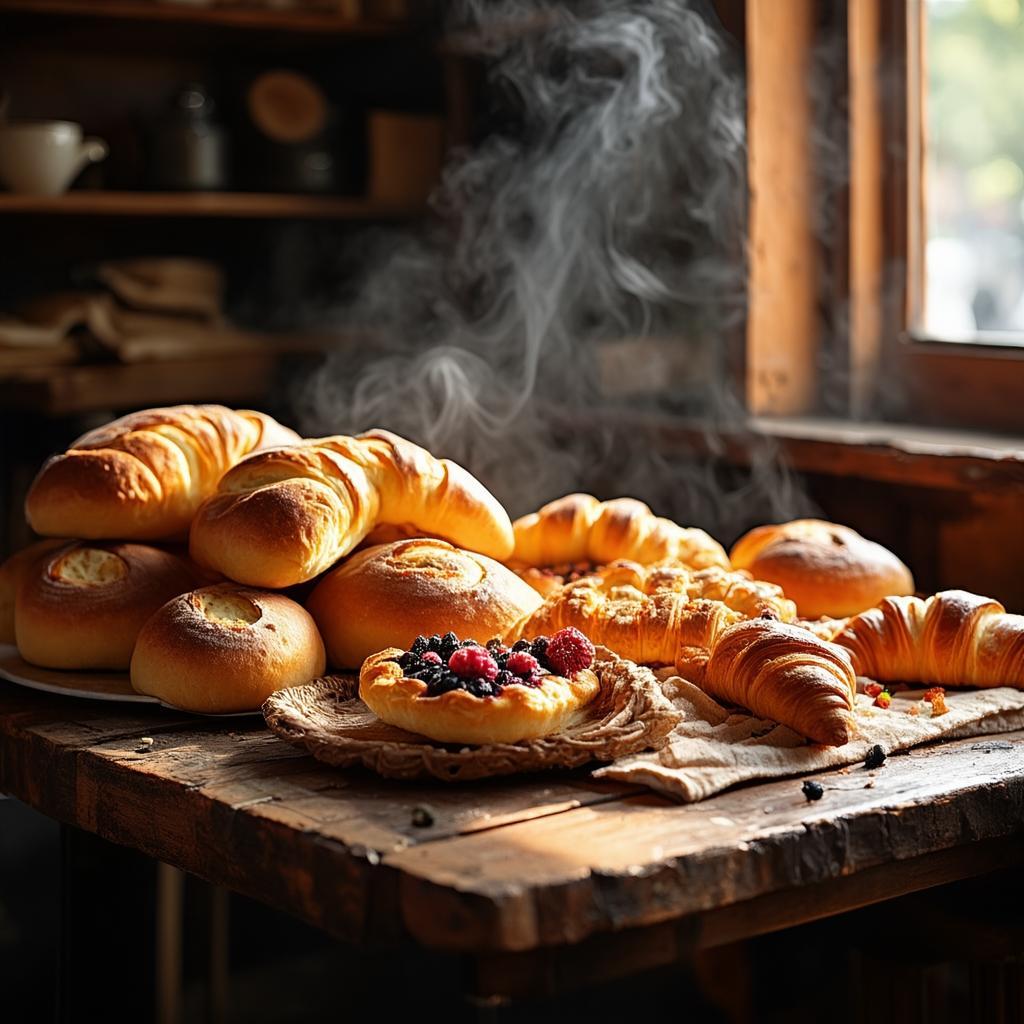 Golden sourdough loaves and pastries on a rustic bakery table