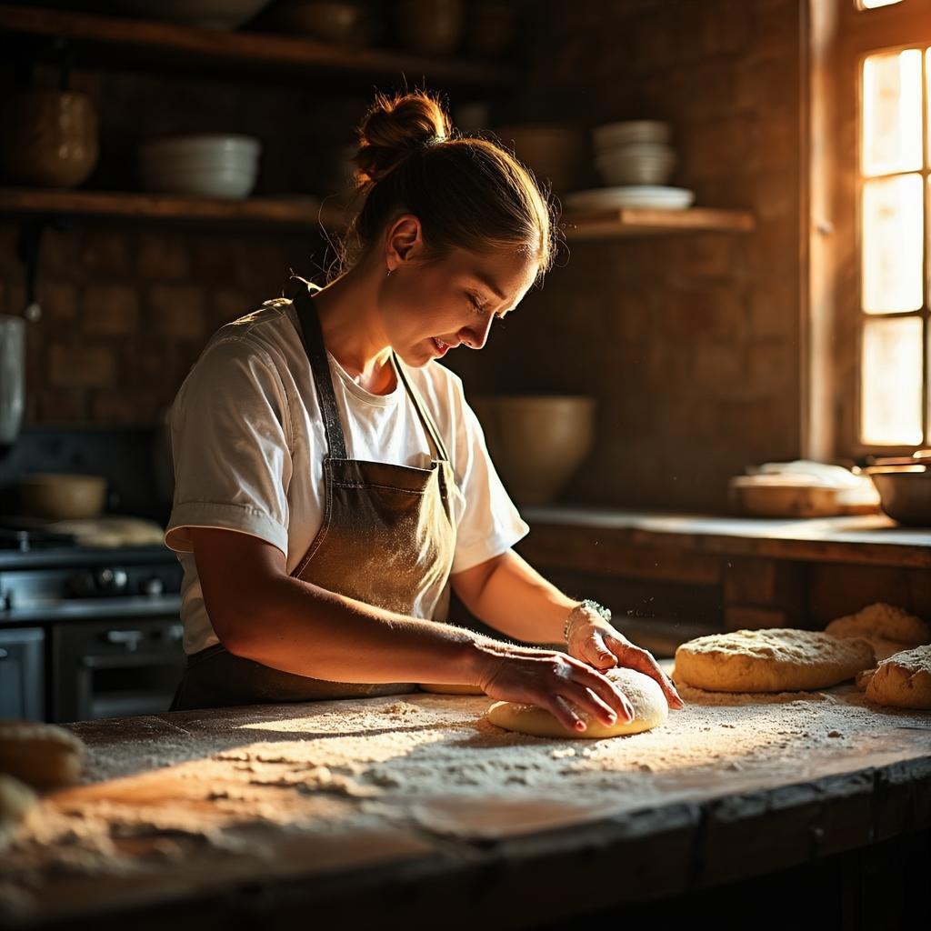 A baker shaping dough in a warm, flour-dusted kitchen
